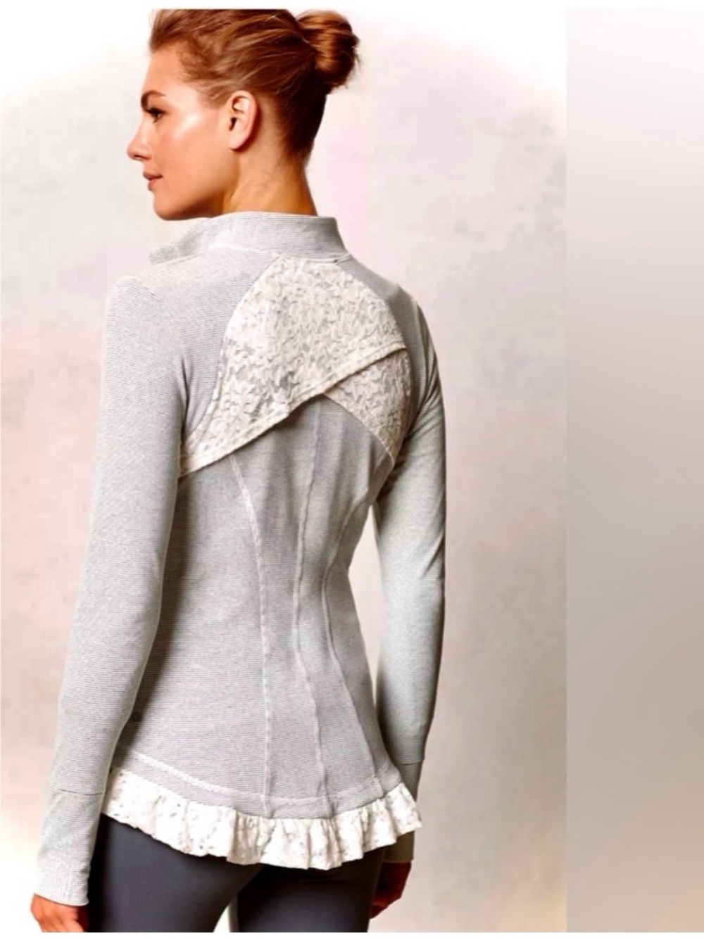 Anthropologie Pure + Good Gray and white striped Lace-Trim Long Sleeve jacket